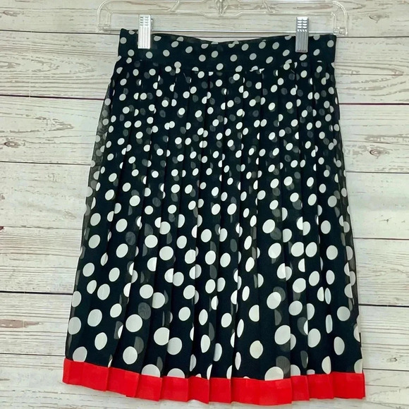 90s Flowy A- Line Vintage Express Pleated Chiffon Polka Dot Knee Length Skirt - Picture 2 of 9